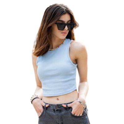 sky blue sleeveless crop tee manufacturers